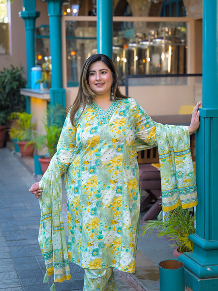 Teal Printed Cotton Kurta Pant Dupatta Set for Women (Plus Size)