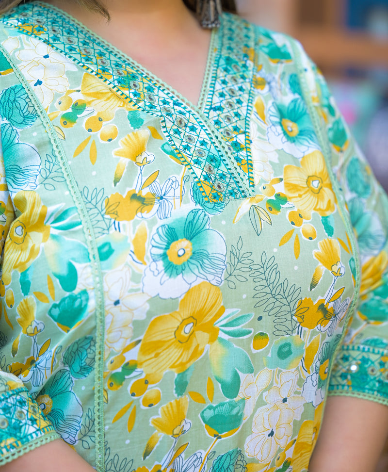 Teal Printed Cotton Kurta Pant Dupatta Set for Women (Plus Size)