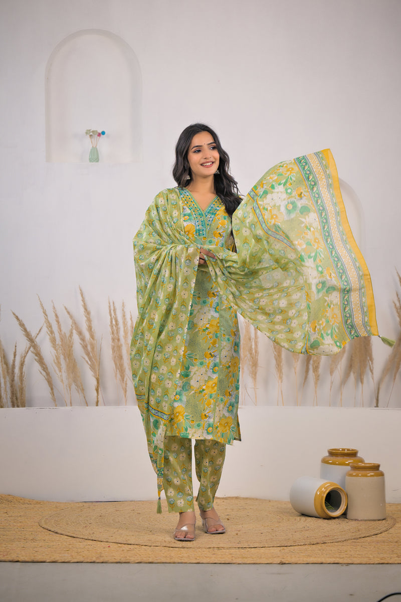 Female wearing floral printed kurta set