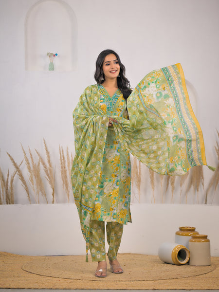 Female wearing floral printed kurta set