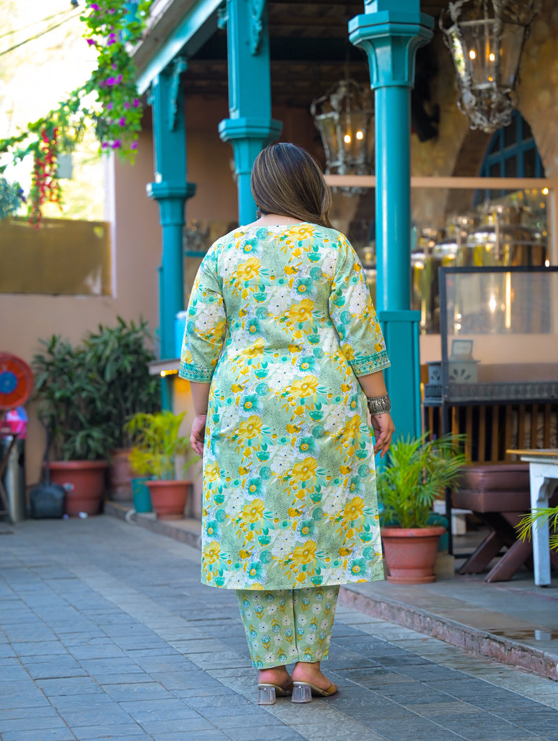 Teal Printed Cotton Kurta Pant Dupatta Set for Women (Plus Size)