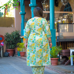 Teal Printed Cotton Kurta Pant Dupatta Set for Women (Plus Size)