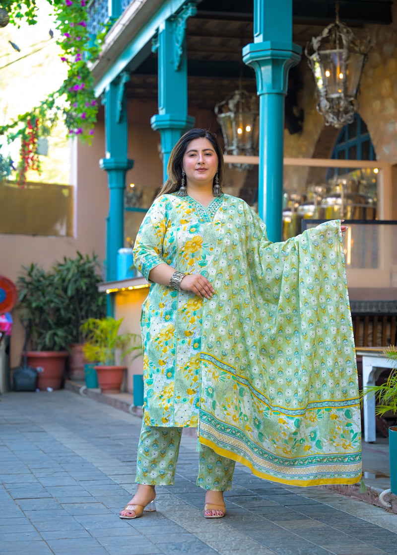 Teal Printed Cotton Kurta Pant Dupatta Set for Women (Plus Size)