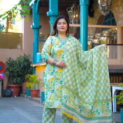 Teal Printed Cotton Kurta Pant Dupatta Set for Women (Plus Size)