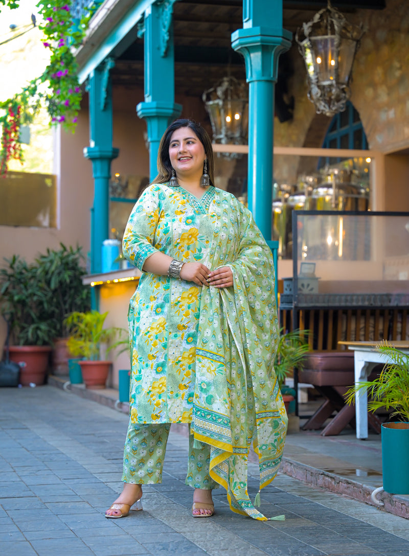 Teal Printed Cotton Kurta Pant Dupatta Set for Women (Plus Size)