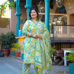 Teal Printed Cotton Kurta Pant Dupatta Set for Women (Plus Size)