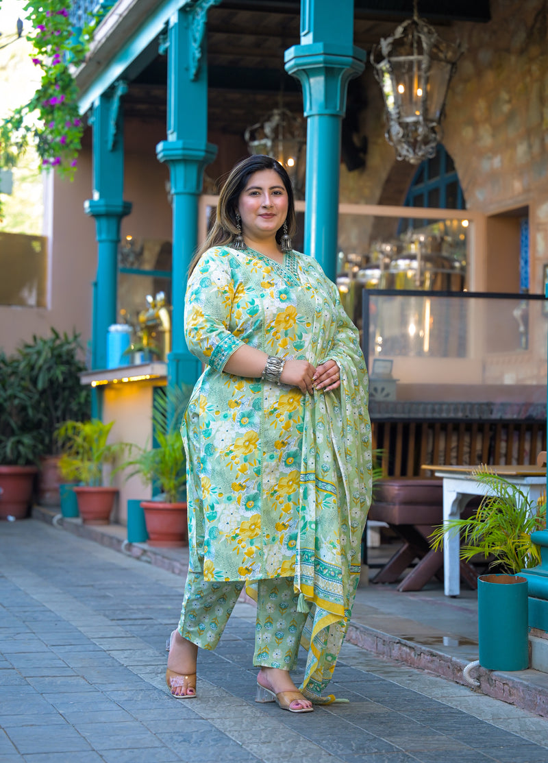 Teal Printed Cotton Kurta Pant Dupatta Set for Women (Plus Size)