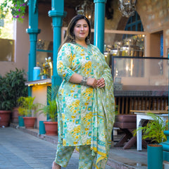 Teal Printed Cotton Kurta Pant Dupatta Set for Women (Plus Size)