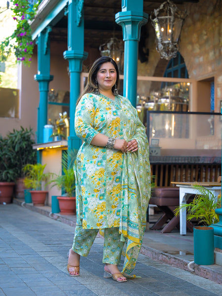 Teal Printed Cotton Kurta Pant Dupatta Set for Women (Plus Size)