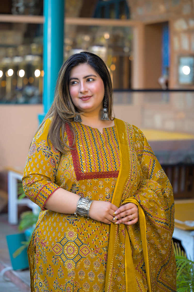 Yellow Printed Cotton Kurta Pant  Duppta Set  (Plus Size)