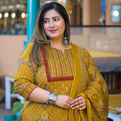 Yellow Printed Cotton Kurta Pant  Duppta Set  (Plus Size)