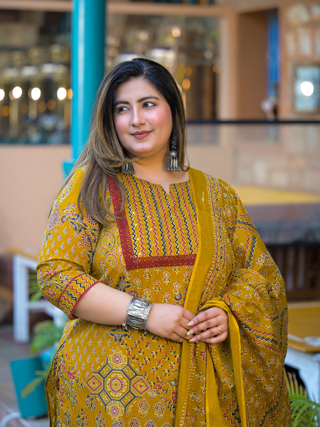 Yellow Printed Cotton Kurta Pant  Duppta Set  (Plus Size)