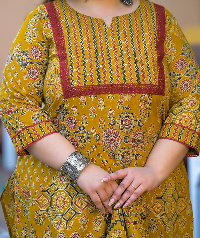 Yellow Printed Cotton Kurta Pant  Duppta Set  (Plus Size)