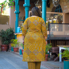 Yellow Printed Cotton Kurta Pant  Duppta Set  (Plus Size)