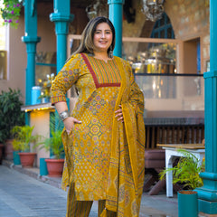 Yellow Printed Cotton Kurta Pant  Duppta Set  (Plus Size)