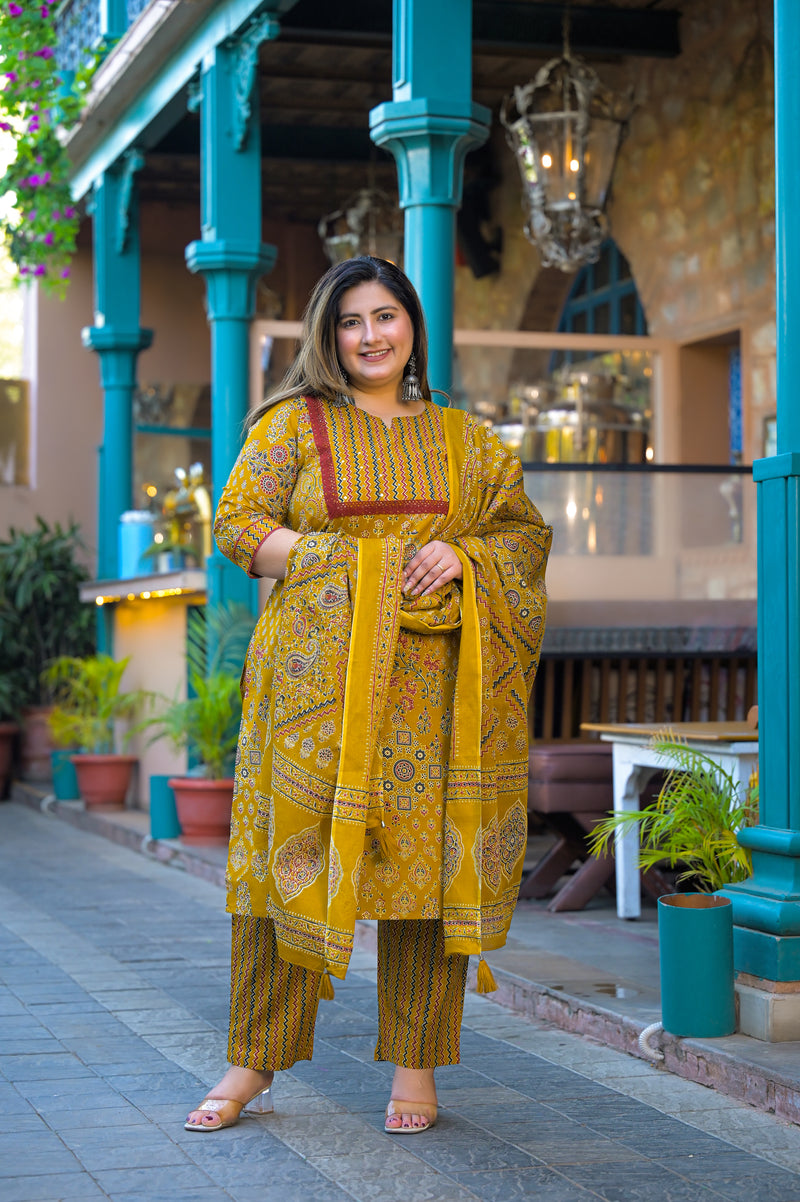 Yellow Printed Cotton Kurta Pant  Duppta Set  (Plus Size)