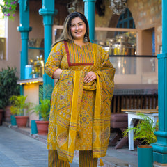Yellow Printed Cotton Kurta Pant  Duppta Set  (Plus Size)