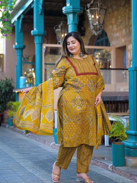 Yellow Printed Cotton Kurta Pant  Duppta Set  (Plus Size)