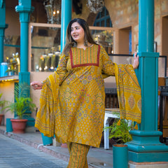 Yellow Printed Cotton Kurta Pant  Duppta Set  (Plus Size)