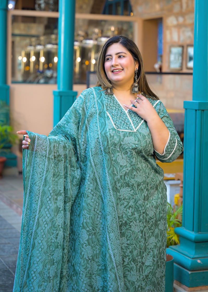Green Printed Cotton Kurta Pant Dupatta Set for Women (Plus Size)