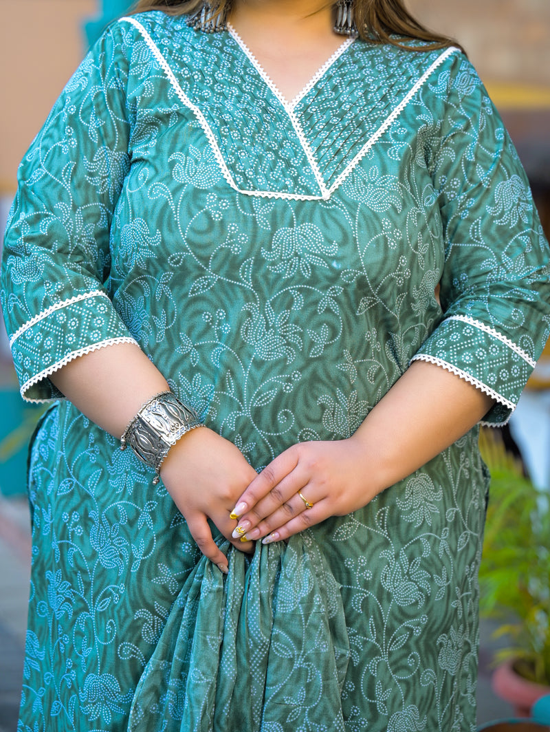 Green Printed Cotton Kurta Pant Dupatta Set for Women (Plus Size)