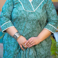 Green Printed Cotton Kurta Pant Dupatta Set for Women (Plus Size)