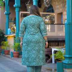 Green Printed Cotton Kurta Pant Dupatta Set for Women (Plus Size)
