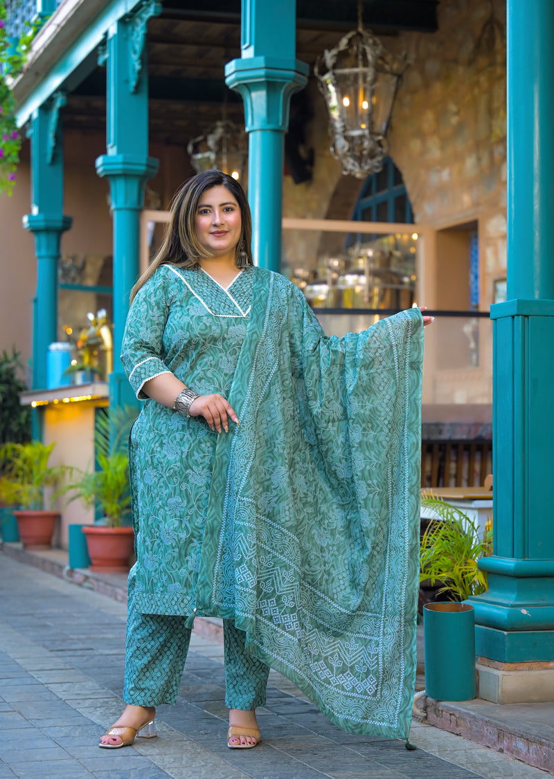 Green Printed Cotton Kurta Pant Dupatta Set for Women (Plus Size)