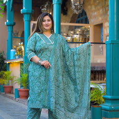 Green Printed Cotton Kurta Pant Dupatta Set for Women (Plus Size)