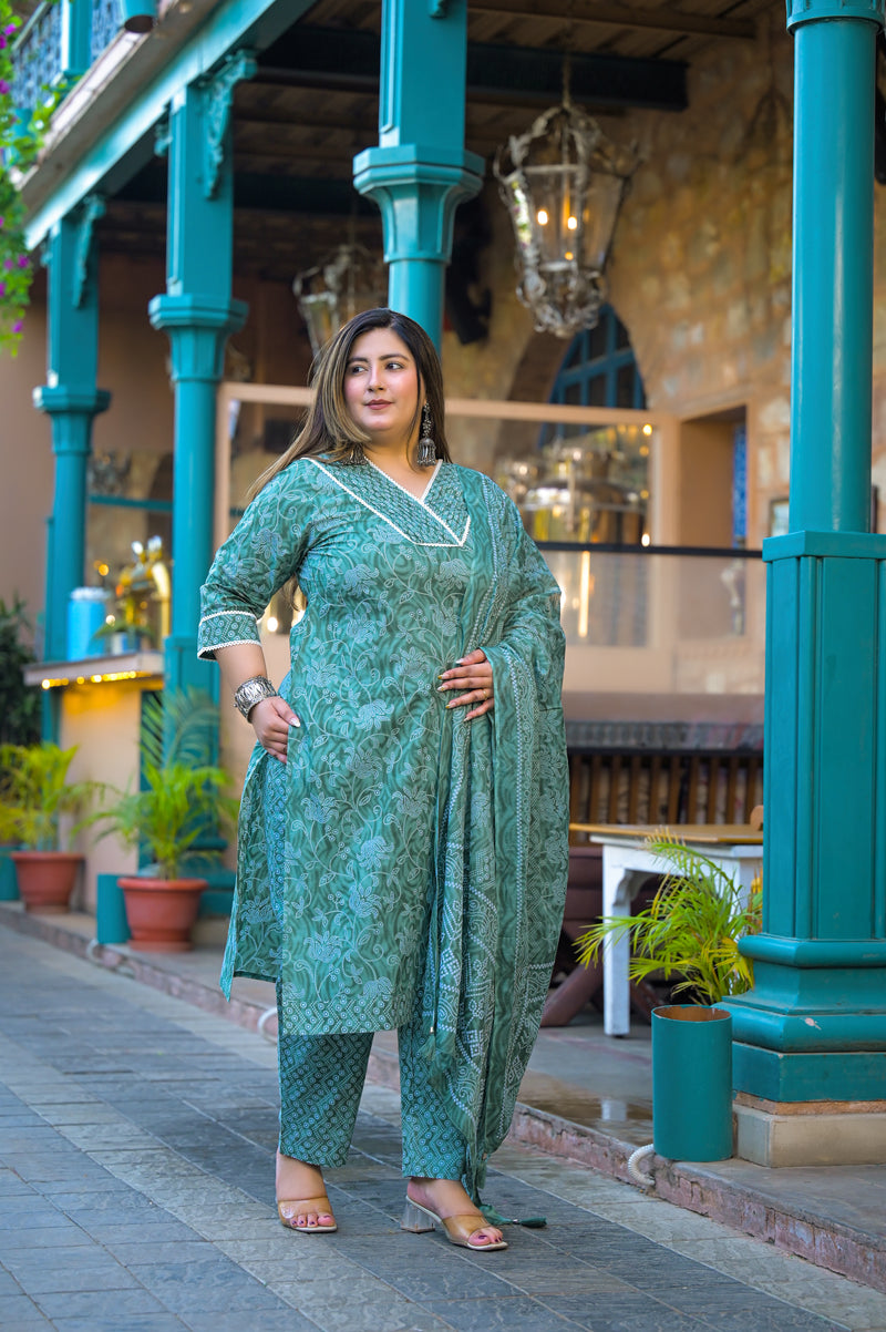 Green Printed Cotton Kurta Pant Dupatta Set for Women (Plus Size)