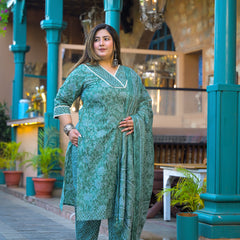 Green Printed Cotton Kurta Pant Dupatta Set for Women (Plus Size)