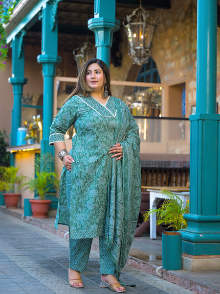Green Printed Cotton Kurta Pant Dupatta Set for Women (Plus Size)