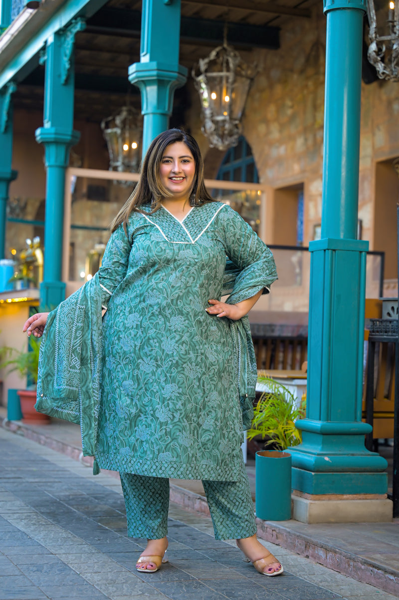 Green Printed Cotton Kurta Pant Dupatta Set for Women (Plus Size)