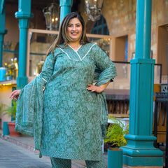 Green Printed Cotton Kurta Pant Dupatta Set for Women (Plus Size)