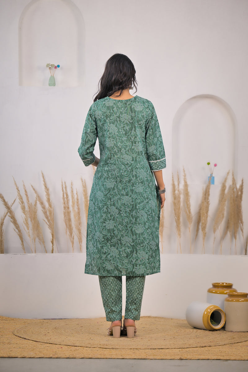 Green printed kurta pant set for woman