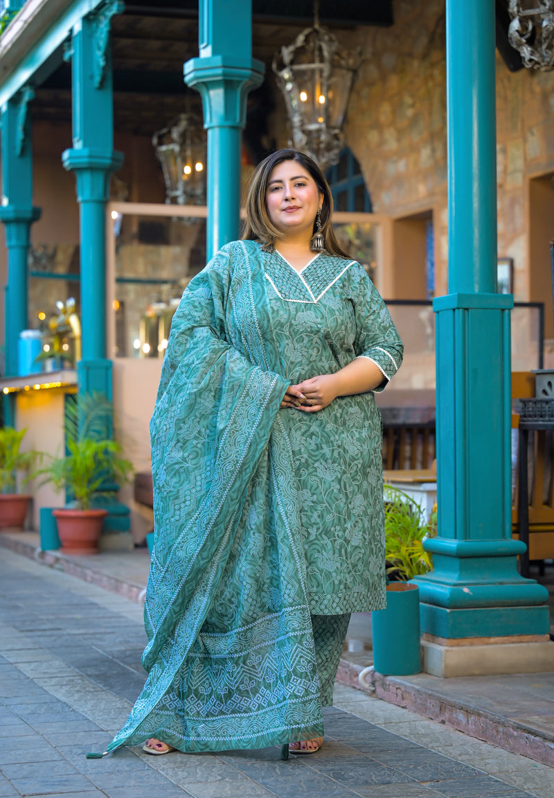 Green Printed Cotton Kurta Pant Dupatta Set for Women (Plus Size)