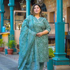 Green Printed Cotton Kurta Pant Dupatta Set for Women (Plus Size)