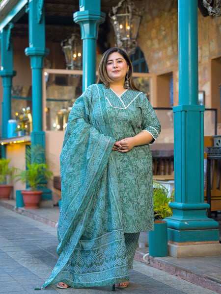 Green Printed Cotton Kurta Pant Dupatta Set for Women (Plus Size)