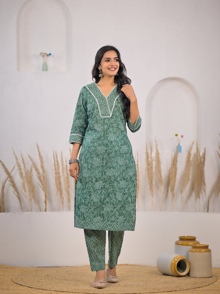 Printed cotton kurta set with dupatta for woman