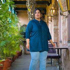 Women Blue Rayon Solid Short Top with Round Neck (Plus Size)