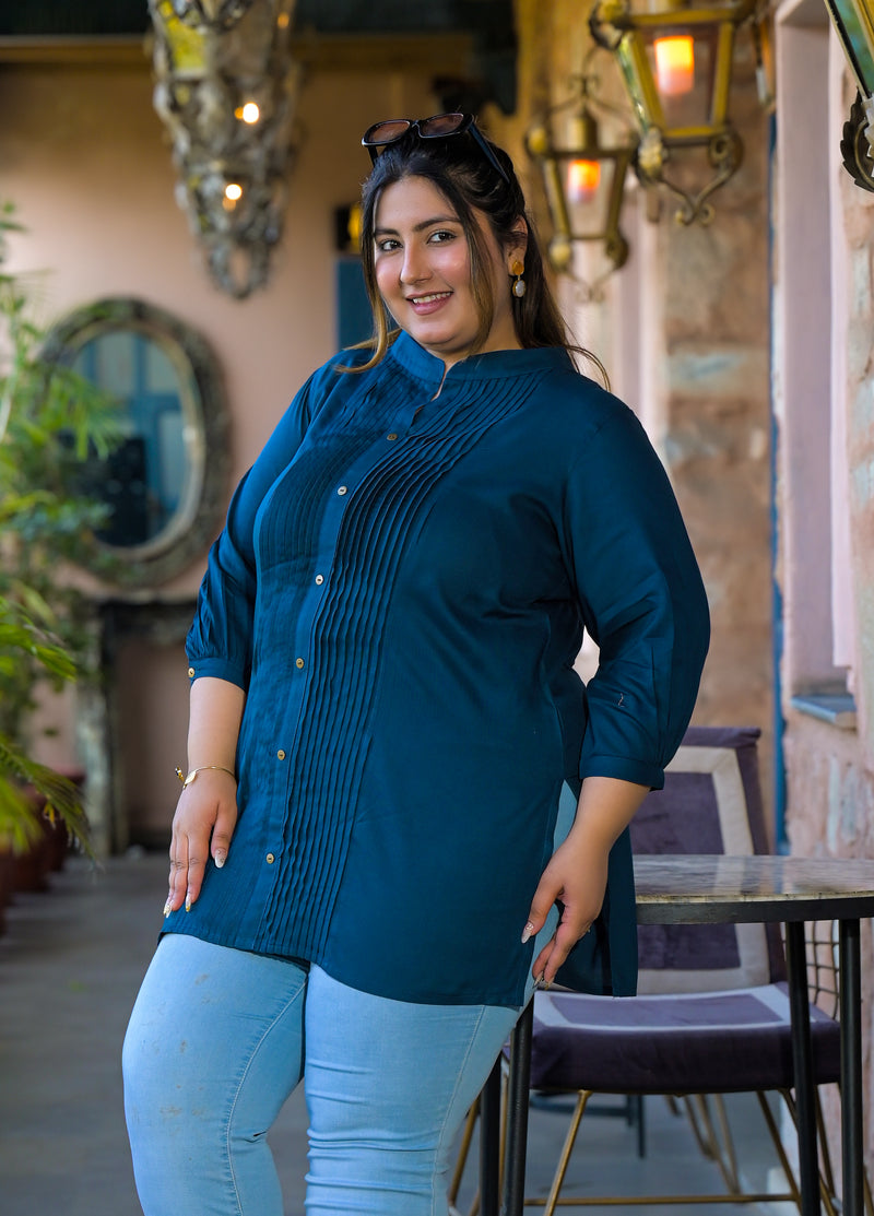 Women Blue Rayon Solid Short Top with Round Neck (Plus Size)