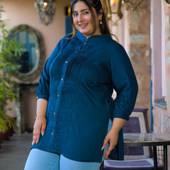 Women Blue Rayon Solid Short Top with Round Neck (Plus Size)