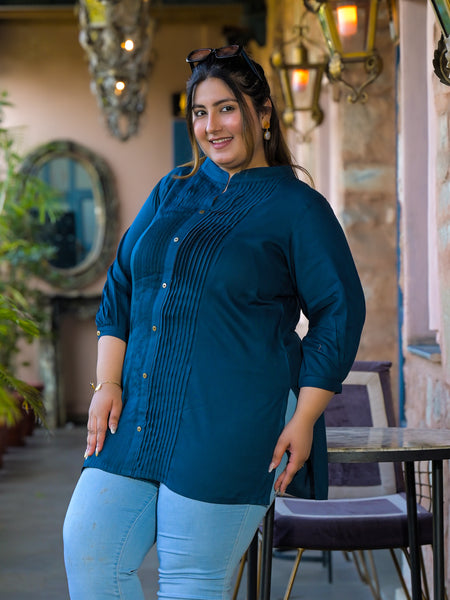 Women Blue Rayon Solid Short Top with Round Neck (Plus Size)