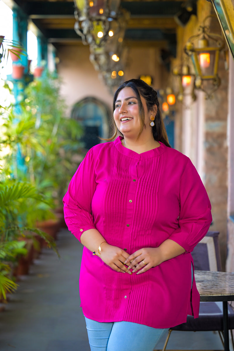 Women Pink Rayon Solid Short Top with Round Neck (Plus Size)