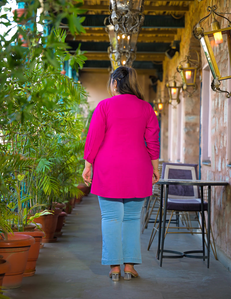 Women Pink Rayon Solid Short Top with Round Neck (Plus Size)