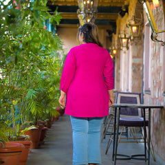 Women Pink Rayon Solid Short Top with Round Neck (Plus Size)