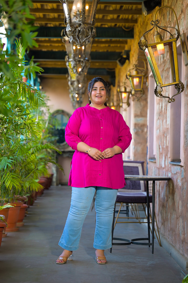 Women Pink Rayon Solid Short Top with Round Neck (Plus Size)