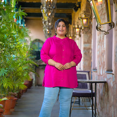 Women Pink Rayon Solid Short Top with Round Neck (Plus Size)