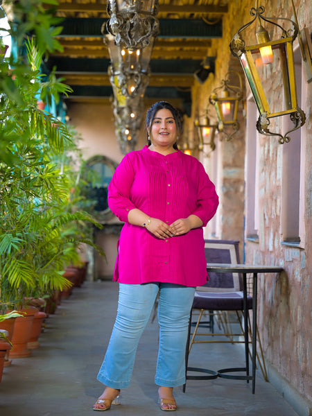 Women Pink Rayon Solid Short Top with Round Neck (Plus Size)