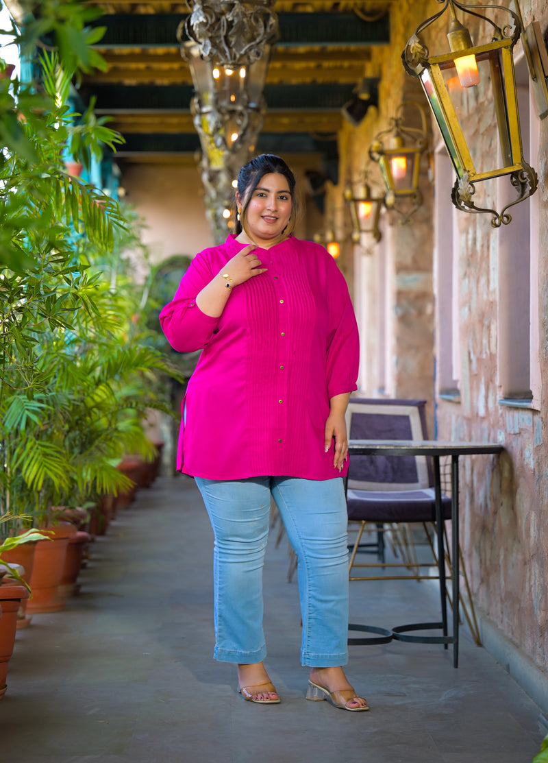 Women Pink Rayon Solid Short Top with Round Neck (Plus Size)